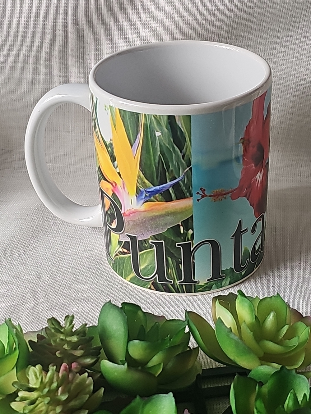 Punta Cana Souvenir Tropical Floral Ceramic Mug - White with Colorful Accents